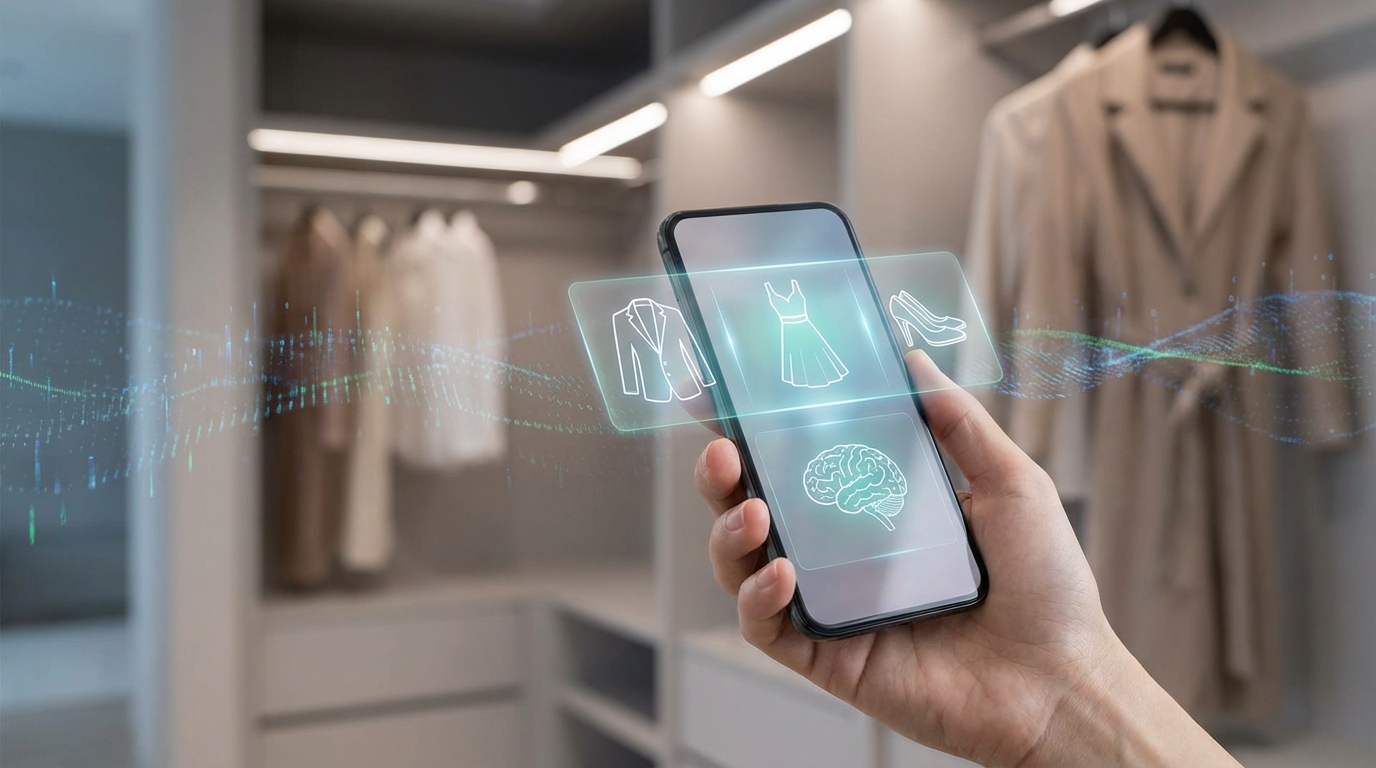 Person using a dress me app on their phone to pick an outfit